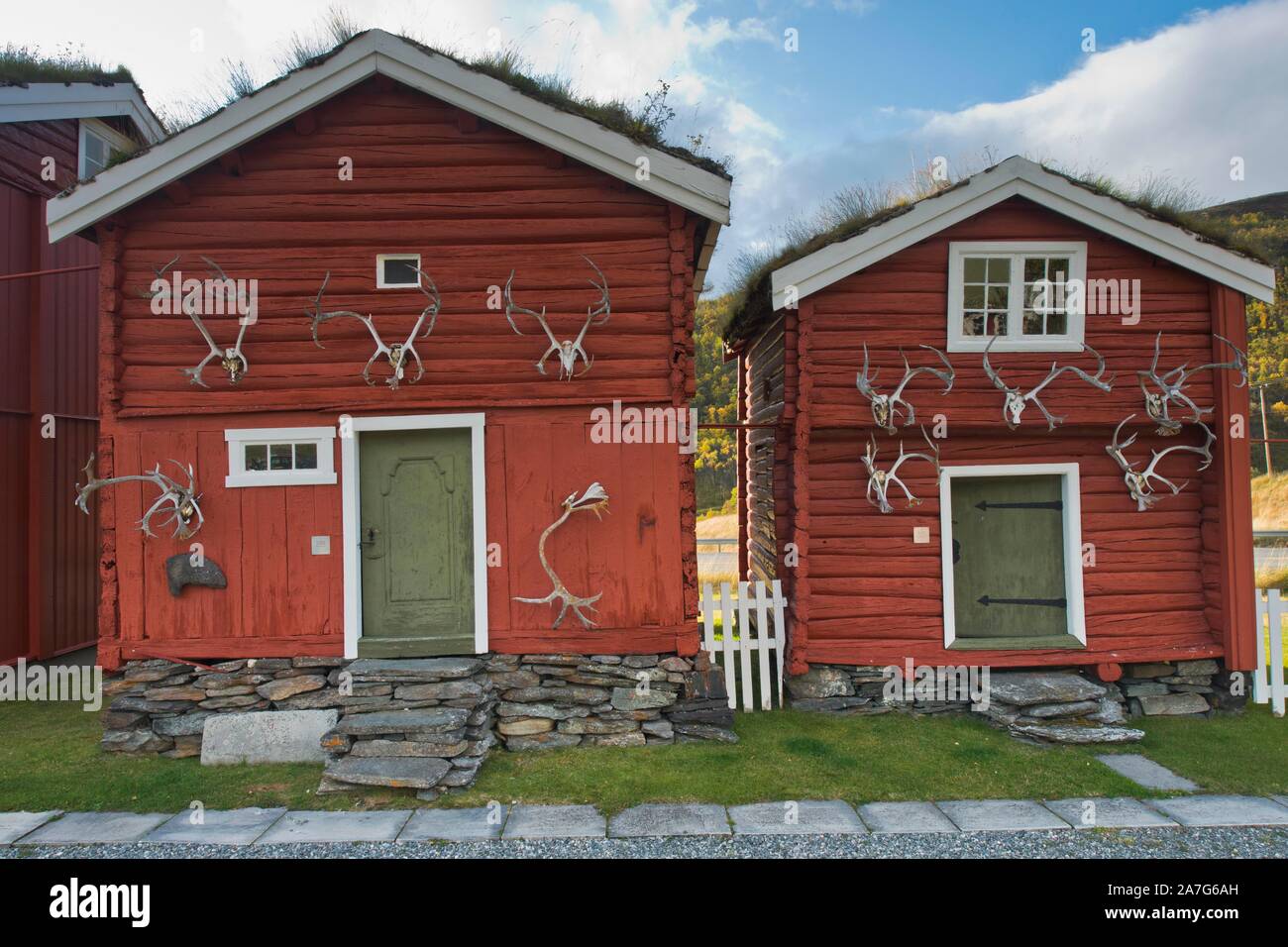 Capanne con corna di renne, Kongsvoll, Provincia Oppdal, Norvegia Foto Stock