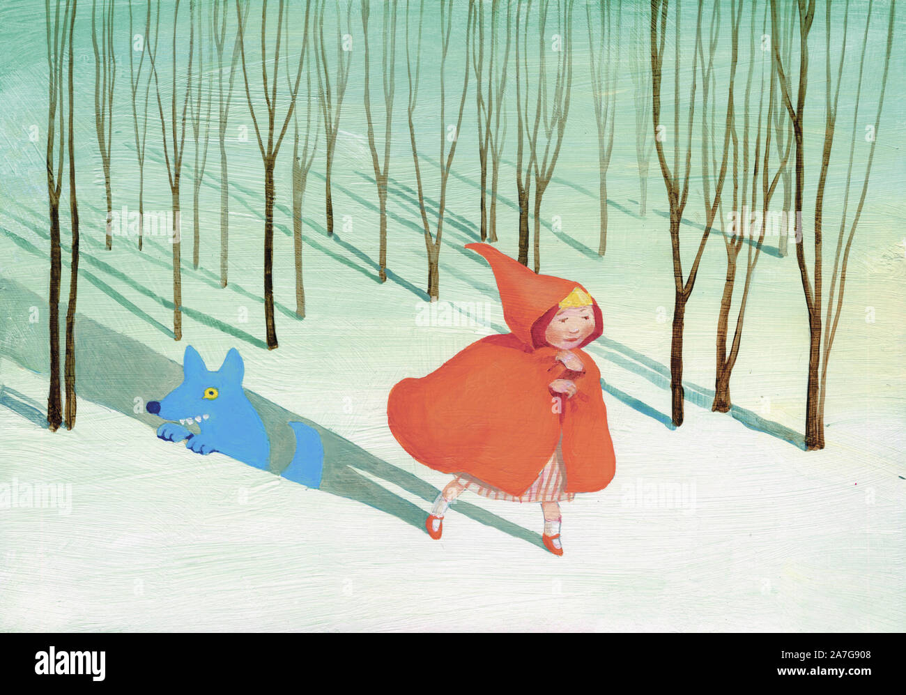 Little Red Riding Hood cape nella foresta in inverno nella sua ombra viene fuori un lupo blu un bambino fiaba illustrazione concettuale pittura surreale Foto Stock