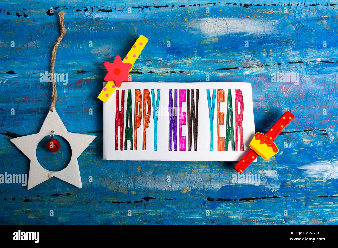 Felice Anno Nuovo decorato carta vacanze, vacanze inverno stagione Foto Stock