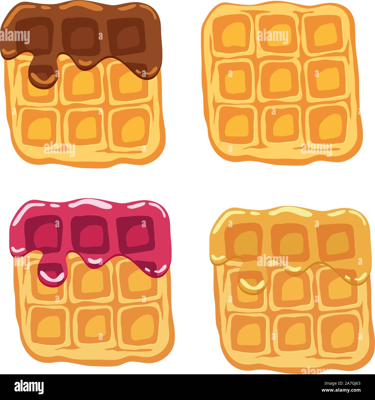 Vettore cialde belghe con colorati che scorre sciroppo di frutta e gelato al cioccolato isolato su sfondo bianco. colazione waffle fatti in casa con panna, b Illustrazione Vettoriale
