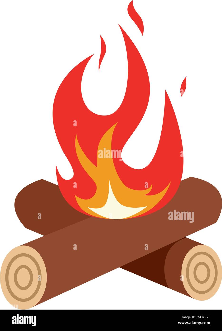 Falò di vettore illustrazione di fiamma. rosso e arancione luce camp cartoon. Icona del fuoco di accampamento isolati su sfondo bianco caldo sul fuoco di legna da ardere Illustrazione Vettoriale