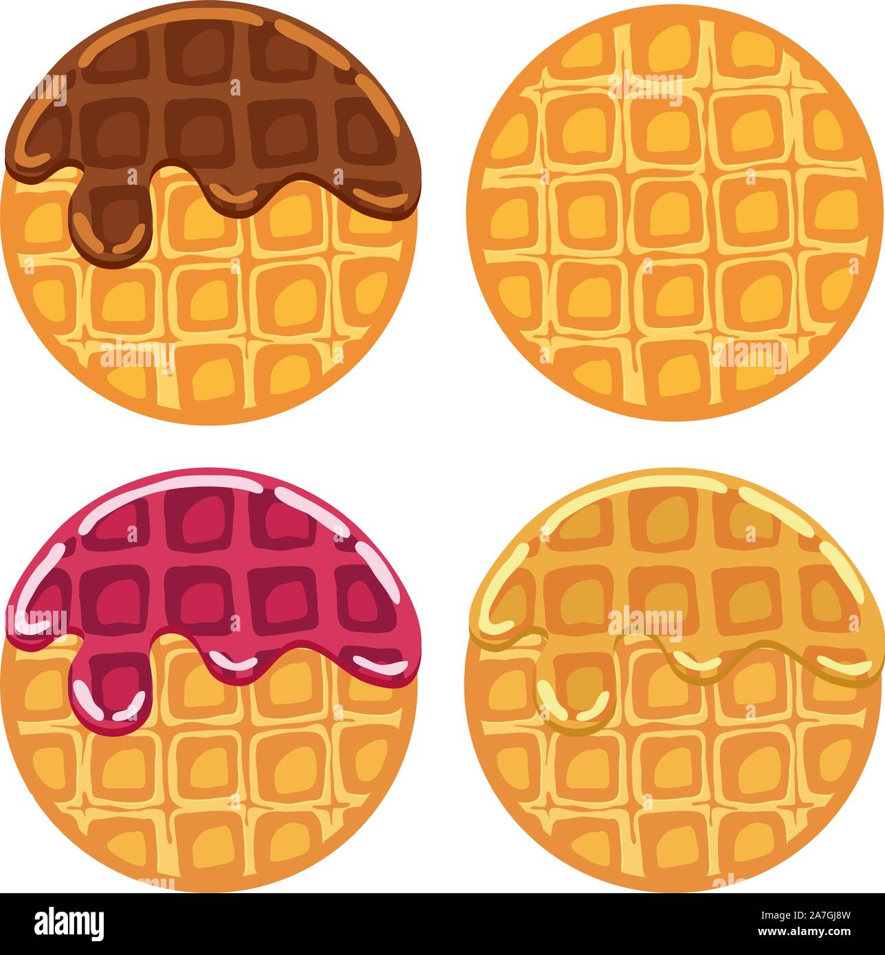 Vettore cialde belghe con colorati che scorre sciroppo di frutta e gelato al cioccolato isolato su sfondo bianco. colazione waffle fatti in casa con panna, b Illustrazione Vettoriale