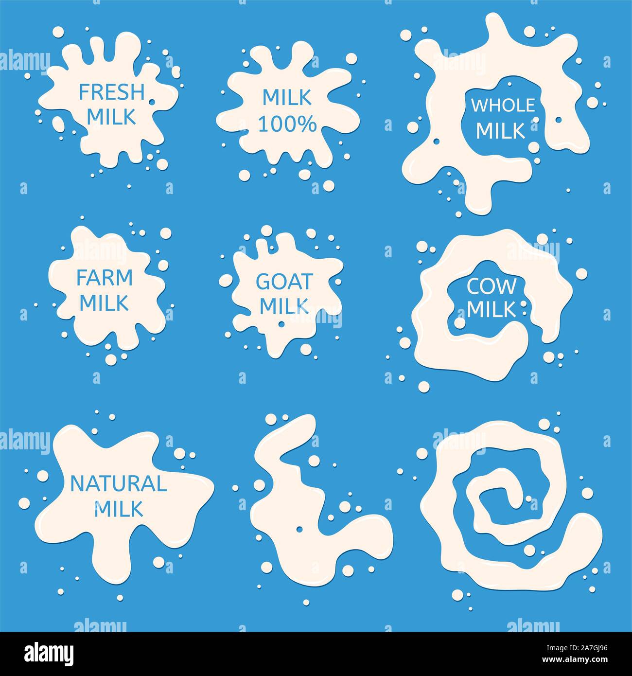 Vettore schizzi di latte raccolta, spruzzi bianchi isolati su sfondo blu, design per il prodotto caseario illustrazione con testo circa il latte Illustrazione Vettoriale