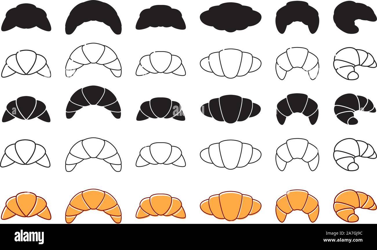 Vettore di disegno di nero e di bianco, colorato e sottile linea croissant icone. cibo francese colazione simbolo della pasticceria. croissant bakery design. set di freschi c Illustrazione Vettoriale