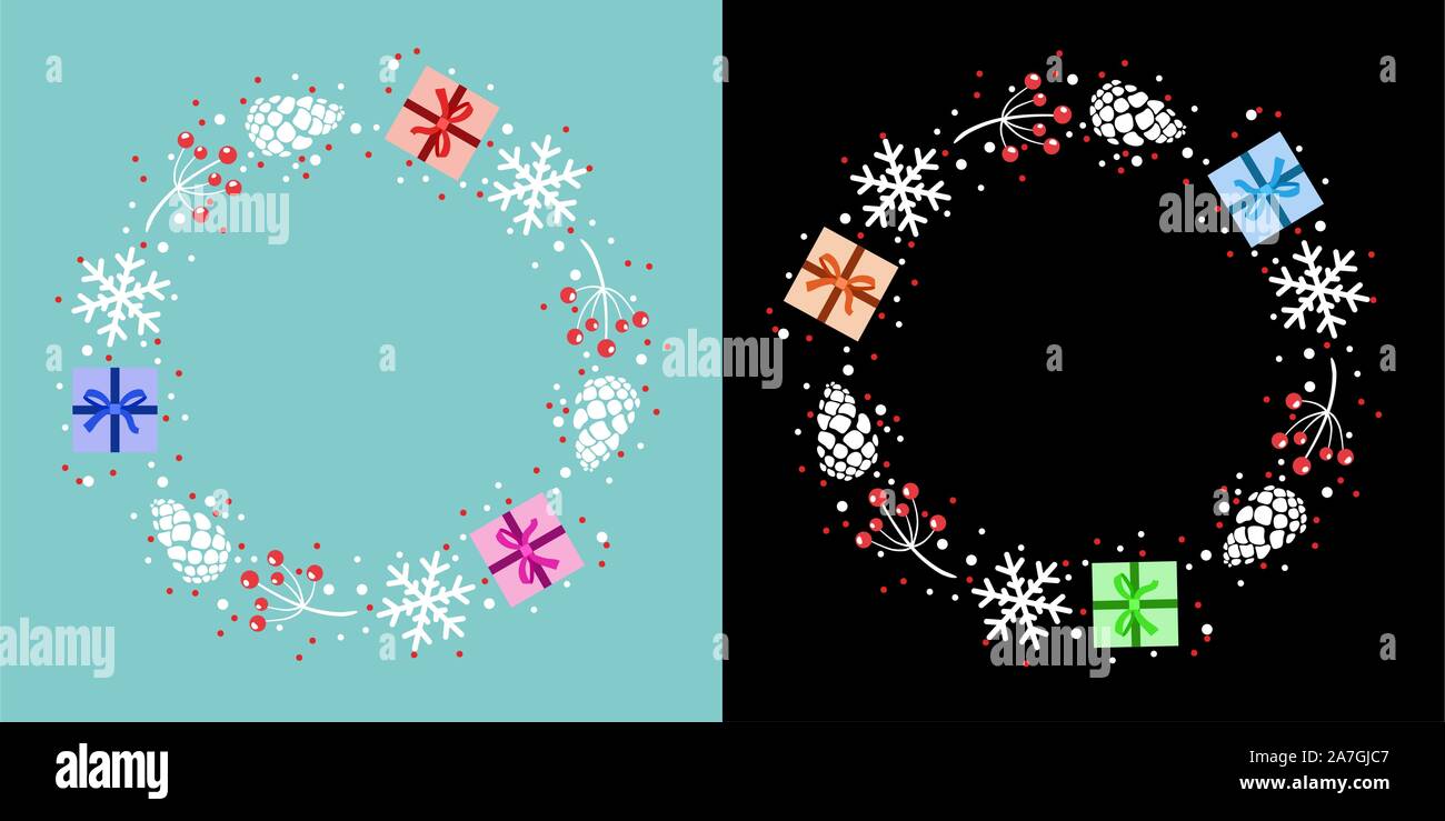 Vettore vacanze di Natale design con scatola regalo, il simbolo del fiocco di neve, pino coni e bacche rosse. inverno sfondo di natale decorazione per il felice anno nuovo e me Illustrazione Vettoriale