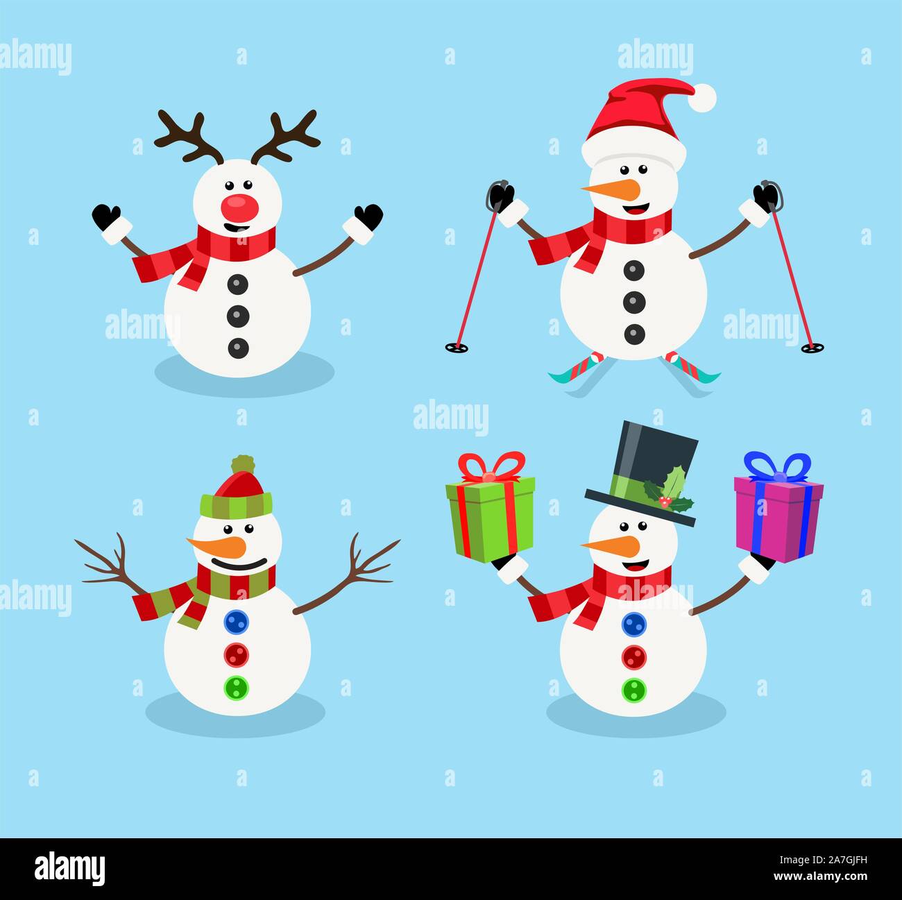 Set di vettore di pupazzo di Natale i personaggi dei cartoni animati isolato su sfondo blu.. pupazzo di neve con corna di renne, sci, con scatola regalo, in santa claus ca Illustrazione Vettoriale