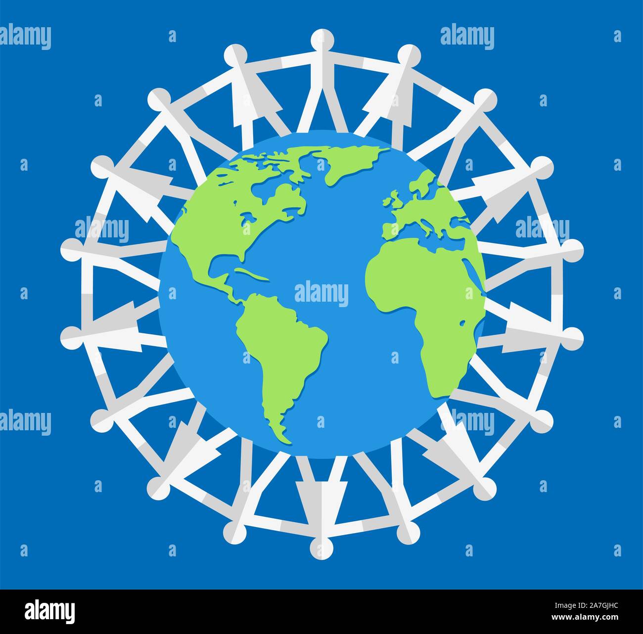 Illustrazione vettoriale di persone in tutto il mondo la pace, amicizia o il concetto di viaggio. globo terrestre circondato da una catena di persone. mondo logo del globalismo Illustrazione Vettoriale
