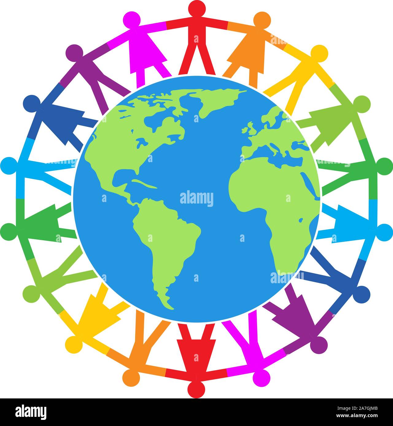 Vettore illustrazione colorata di persone in tutto il mondo la pace, amicizia o il concetto di viaggio. globo terrestre circondato da una catena di persone. mondo subacqueo Illustrazione Vettoriale