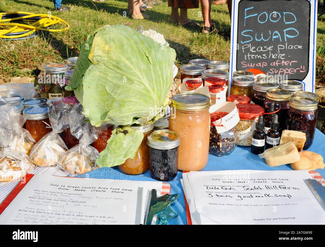 Vari tipi di alimenti, compresi gli elementi in scatola, liberamente scambiati in una comunità di swap alimentare tenutasi nel cortile di un partecipante di abitazione, Wisconsin, STATI UNITI D'AMERICA Foto Stock