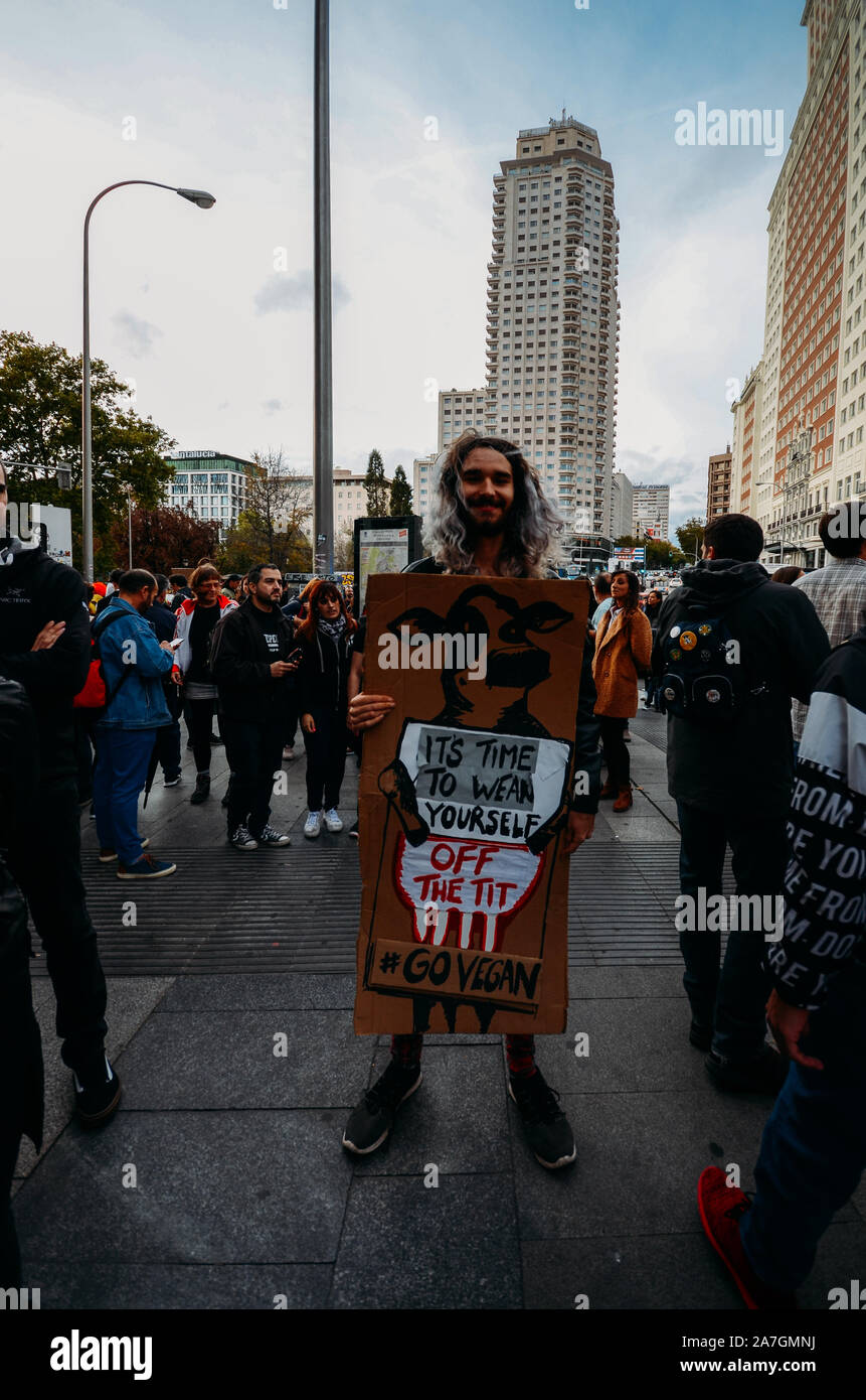 Madrid, Spagna - Novembre 2, 2019: persone che protestano contro la crudeltà verso gli animali a Madrid, Spagna Foto Stock