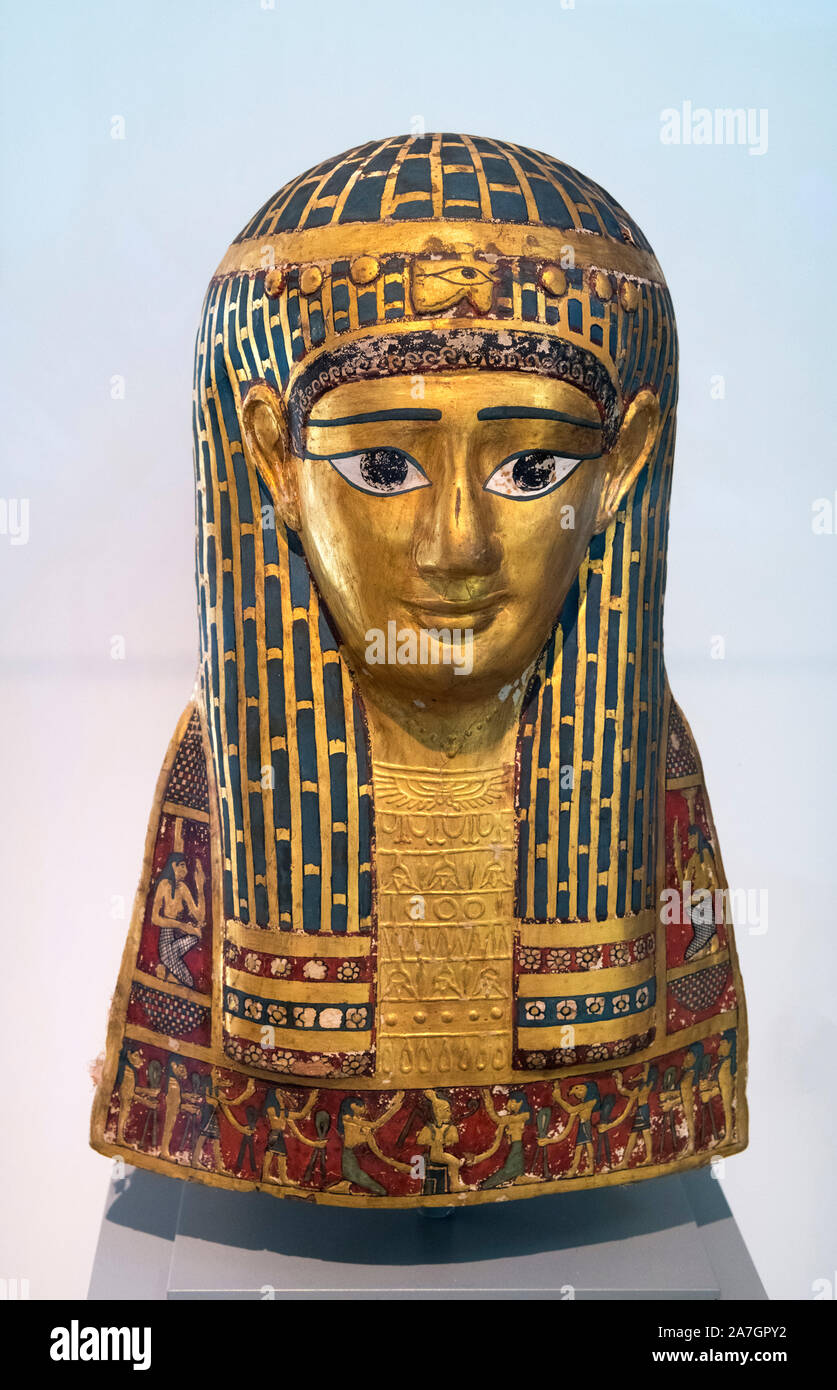 Mummia egiziana maschera, risalente al tardo periodo tolemaico-inizio periodo romano del I secolo A.C. Art Institute di Chicago. Foto Stock