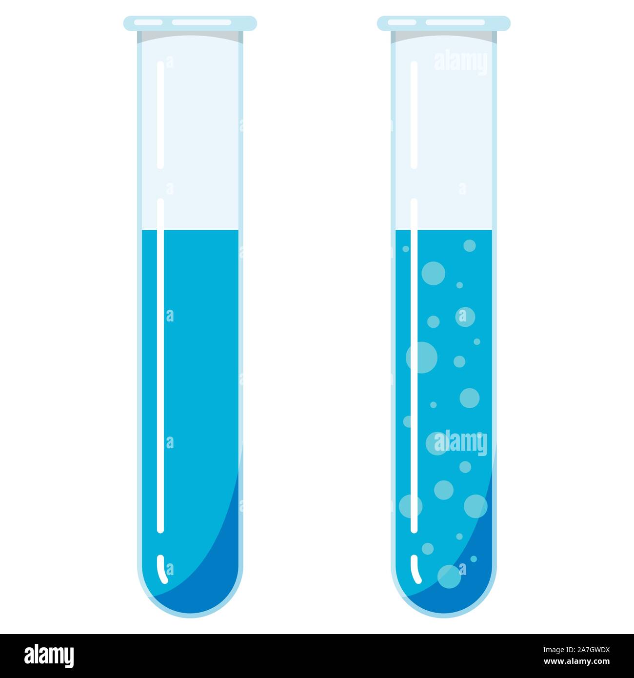 Provette in vetro set di icone blu con reagenti liquidi con e senza bolle isolati su sfondo bianco. Illustrazione Vettoriale