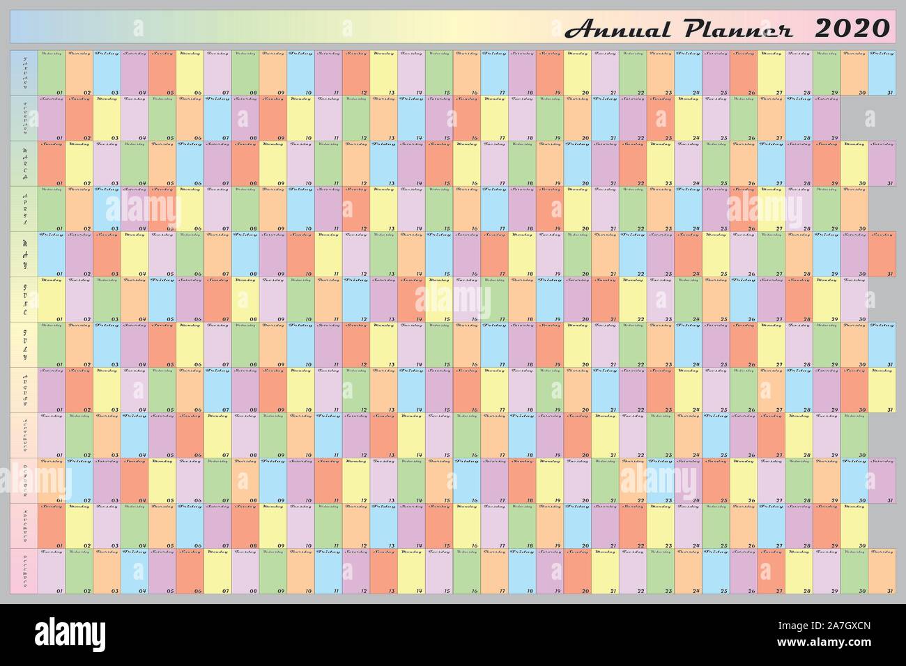 Planner annuale 2020 colore specifico per ogni giorno della settimana in lettere nere con contorno bianco Illustrazione Vettoriale