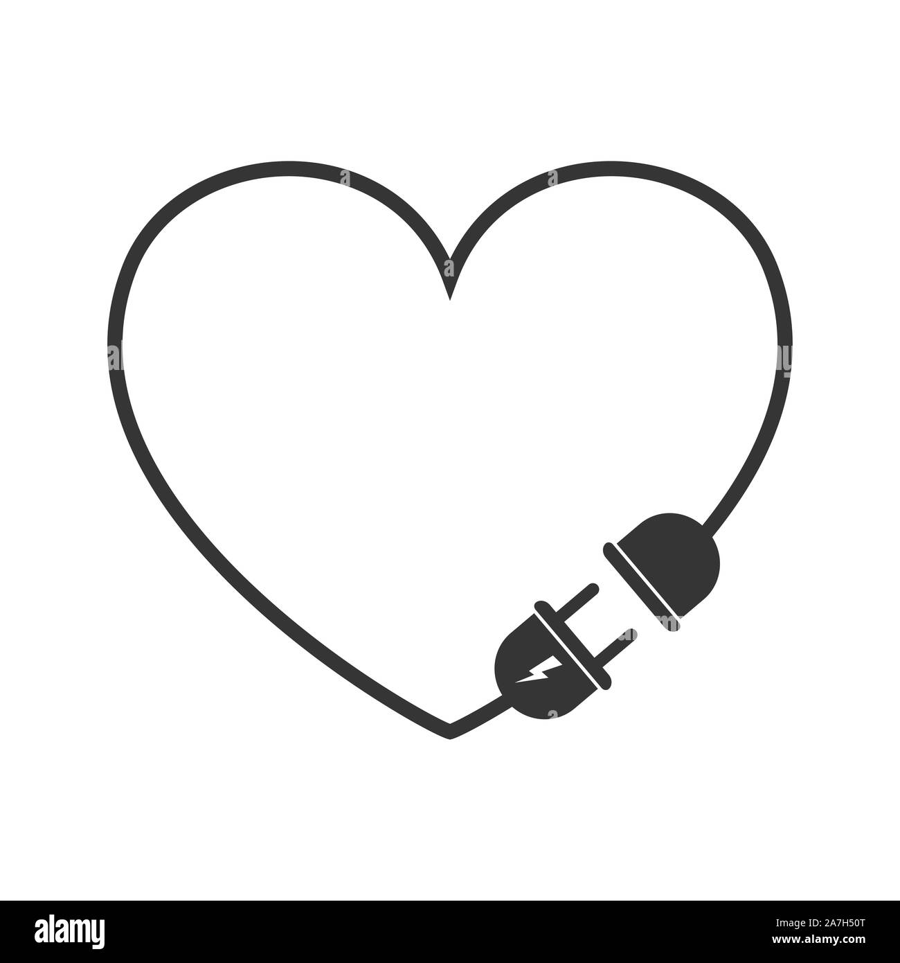 Prolunga elettrica icona cavo a forma di cuore. Vettore icona nera. Filo connettore maschio e connettore femmina isolato Illustrazione Vettoriale