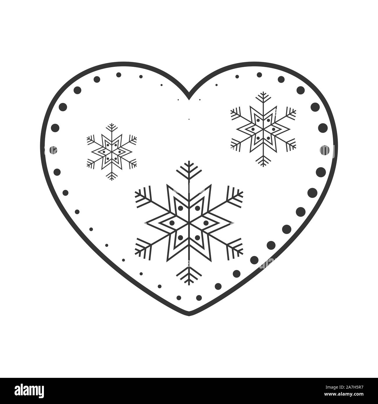 Vettore Cuore di Natale con i fiocchi di neve. Natale nero icona cuore nel piatto design lineare Illustrazione Vettoriale