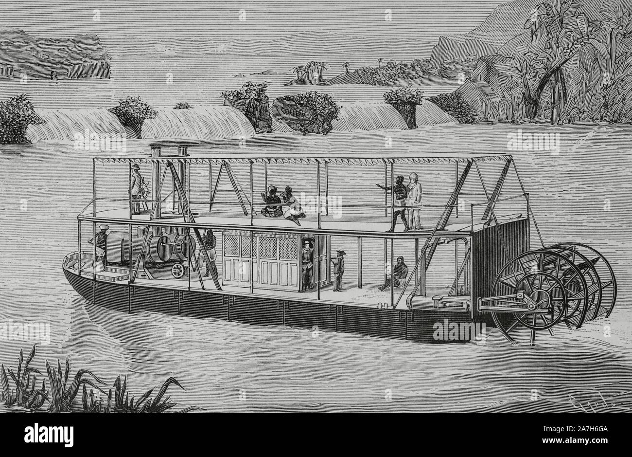 Exploración de l'Africa Centrale. El 'Stanley', buque de acero, expresamente construido para la navegación fluviale, trasportabili y por tierra dividido en secciones. Grabado por Tomás Carlos Capuz (184-1899). La Ilustración Española y Americana, 15 de junio de 1884. Foto Stock