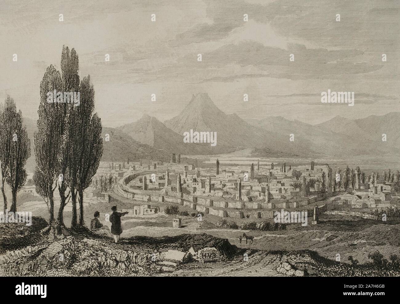 Antigua Armenia. Vista de la ciudad de Erzurum (actualmente en territorio turco). Grabado por Vanderburch. Panorama Universal. Historia de Armenia, 1838. Biblioteca Histórico Militar de Barcelona. Cataluña, España. Foto Stock