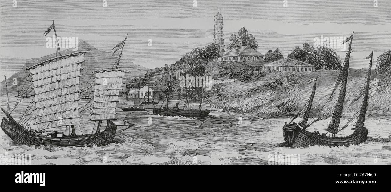 Guerra Franco-China o Conflicto de Tonkín. Enfrentamiento entre el'(Ejército de la dinastía Qing y el francés colonialista, por el control del Tonchino, al norte de Vietnam. (Agosto 1884-abril 1885). Fondeadero de la pagoda, donde anclaron buques los Franceses para el bombardeo. Grabado. La Ilustración Española y Americana, 15 de septiembre de 1884. Foto Stock