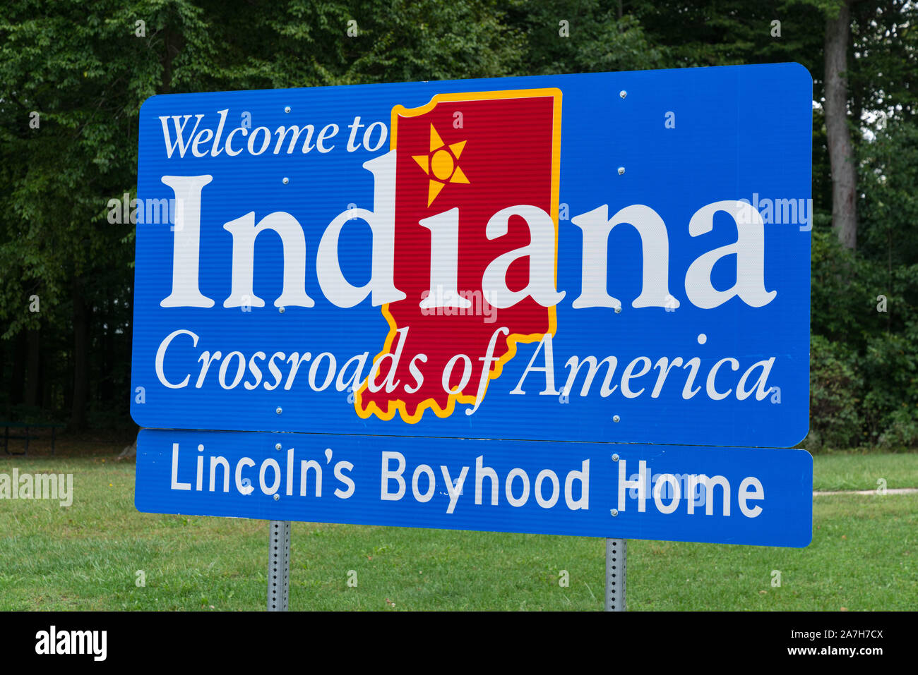 Indiana, Stati Uniti d'America - 22 Settembre 2019: benvenuti al segno dell'Indiana all'Indiana confine di stato Foto Stock