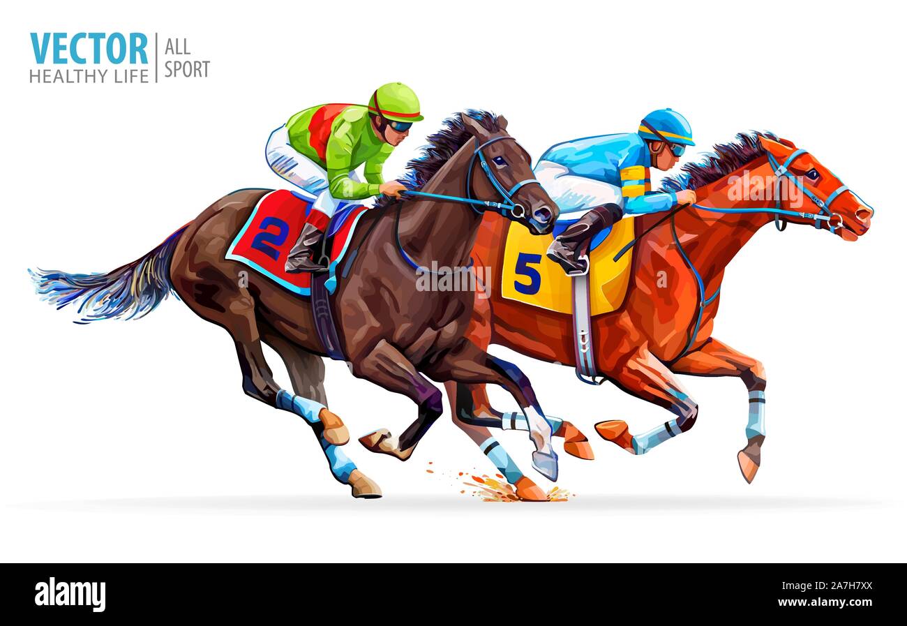 Due cavalli da corsa in concorrenza gli uni con gli altri. Sport. Campione. Ippodromo. Racetrack. Equestrian. Derby. Velocità. Isolato su sfondo bianco. Vettore Illustrazione Vettoriale