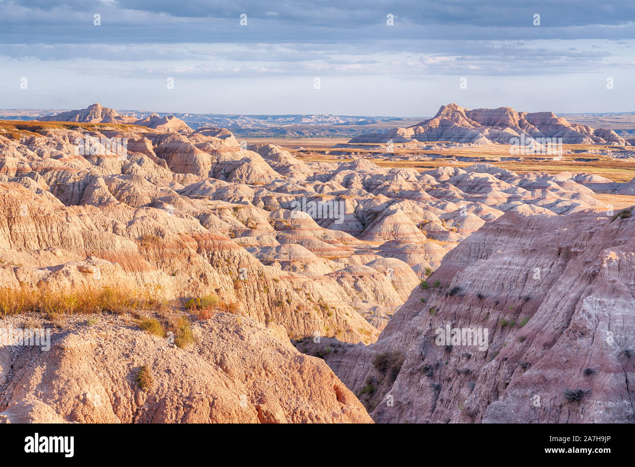 Parco nazionale Badlands paesaggio al tramonto in Sud Dakota Foto Stock