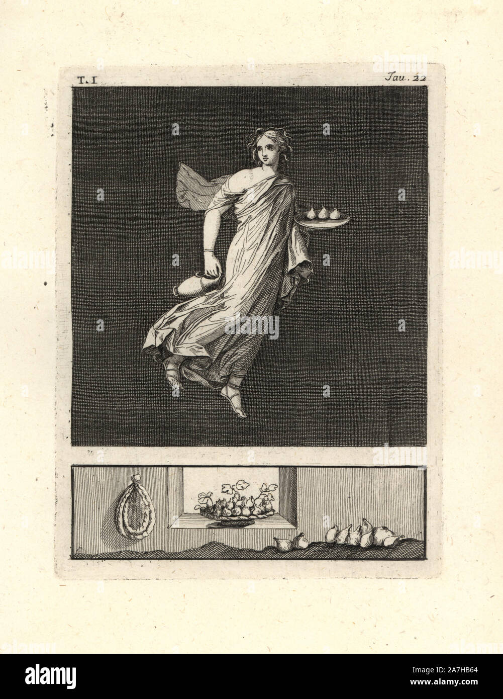 Pittura rimosso da una parete di una camera, probabilmente un triclinio o la sala da pranzo in una casa a Pompei nel 1749. Essa mostra una Naiad, un seguace di Bacco, portando un vaso e un piatto rotondo con tre Figg. Indossa canneti a i suoi capelli, un bracciale in oro e un bel manto di porpora, il colore dell'Violarii. Copperplate incisi da Tommaso Piroli dal suo "Antichita di Ercolano' (Antichità di Ercolano), Roma, 1789. Artista italiano ed incisore Piroli (1752-1824) pubblicato sei volumi tra 1789 e 1807 per documentare le pitture murali e bronzi trovati in Heraculaneum e Pompei. Foto Stock