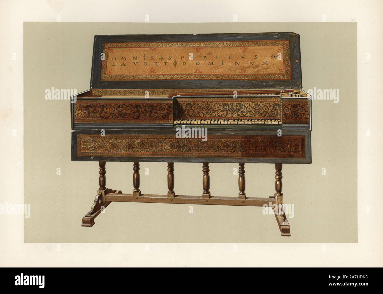 Un originale di Hans Ruckers 'Vierkante Clavisingel' verginale o clavicembalo con la scritta "Omnis Spiritus Laudet Dominum (lasciare tutto ciò che respira lodi il Signore). La decorazione è una copertura di carta stampata da tavolette di legno. Chromolithograph da una illustrazione di William Gibb da A.J. Hipkins 'Musical Instruments, storico rari e unici,' Adam e Charles nero, Edimburgo, 1888. Alfred James Hipkins (1826-1903) era un musicologo inglese che specializzato nella storia del pianoforte e altri strumenti. William Gibb era un maestro di Illustrator e chromolithographer ed illustrato "Th Foto Stock