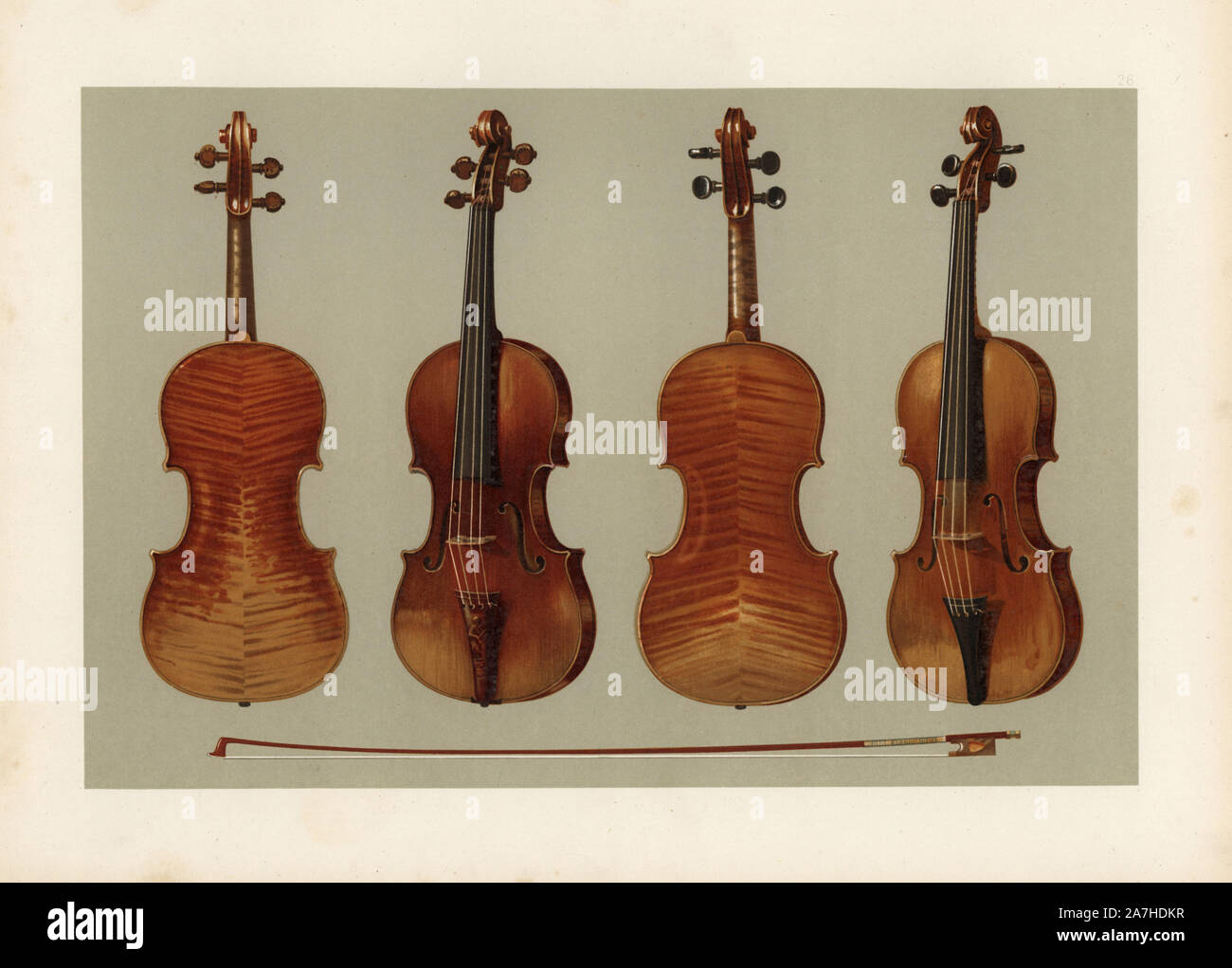 "Alard' e 'Guarnerius del Gesu' violini realizzato da Antonius Stradivarius. Il Alard violino è stato realizzato nel 1715 per il virtuoso violinista Delphin Alard (sinistra) e "Re Joseph' Guarnerius violino fatto in (a destra). Chromolithograph da una illustrazione di William Gibb da A.J. Hipkins 'Musical Instruments, storico rari e unici,' Adam e Charles nero, Edimburgo, 1888. Alfred James Hipkins (1826-1903) era un musicologo inglese che specializzato nella storia del pianoforte e altri strumenti. William Gibb era un maestro di Illustrator e chromolithographer ed illustrato "Royal Ho Foto Stock