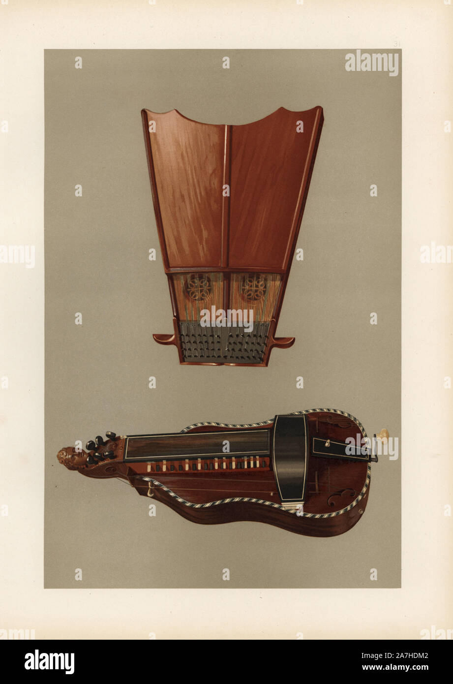 Bell'arpa e organetto di barberia. Chromolithograph da una illustrazione di William Gibb da A.J. Hipkins 'Musical Instruments, storico rari e unici,' Adam e Charles nero, Edimburgo, 1888. Alfred James Hipkins (1826-1903) era un musicologo inglese che specializzato nella storia del pianoforte e altri strumenti. William Gibb era un maestro di Illustrator e chromolithographer ed illustrato "Casa reale di Stuart" (1890), 'navale e trofei militari" (1896), e altri. Foto Stock