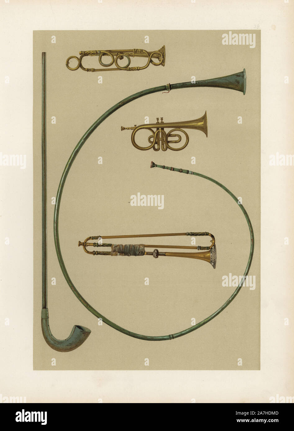 Lituus, buccina, corno e trombe. Chromolithograph da una illustrazione di William Gibb da A.J. Hipkins 'Musical Instruments, storico rari e unici,' Adam e Charles nero, Edimburgo, 1888. Alfred James Hipkins (1826-1903) era un musicologo inglese che specializzato nella storia del pianoforte e altri strumenti. William Gibb era un maestro di Illustrator e chromolithographer ed illustrato "Casa reale di Stuart" (1890), 'navale e trofei militari" (1896), e altri. Foto Stock