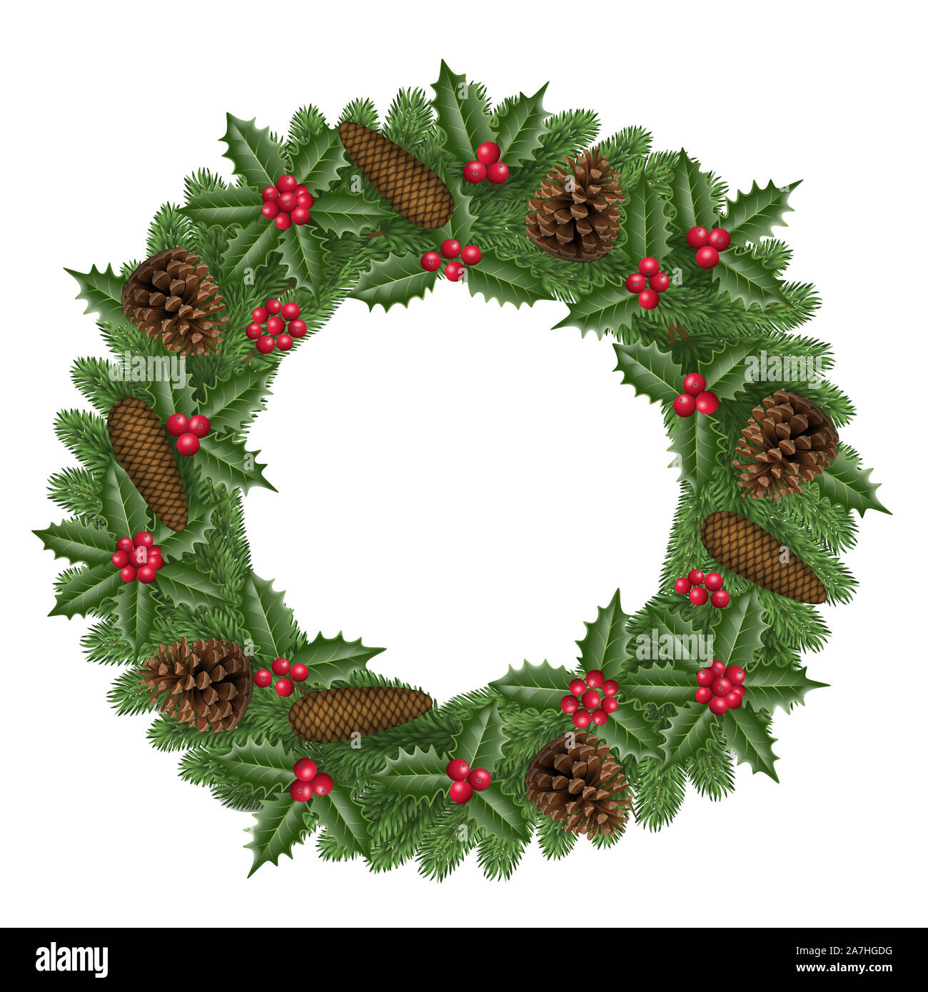 Natale corona di pino con pigne nelle quali, holly foglie e bacche Foto Stock