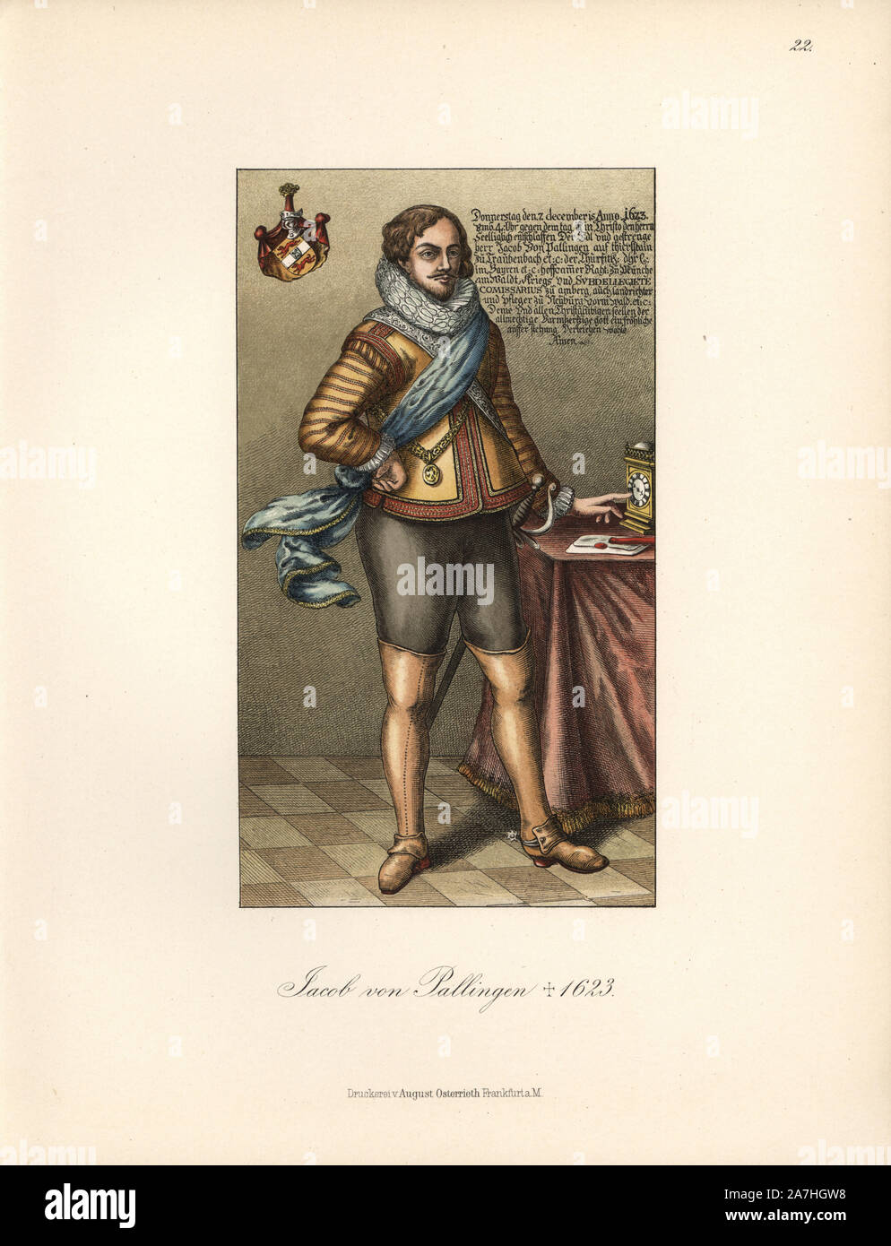 Ritratto di Jacob von Pallingen, morì 1623, in blu anta e catena d'oro con il suo stemma ed un'iscrizione. Chromolithograph da Hefner-Alteneck 'costumi, opere d arte e di apparecchi dal Medioevo al XVII secolo", Francoforte, 1889. Illustrazione dal dottor Jakob Heinrich von Hefner-Alteneck e pubblicato da Heinrich Keller. Il dott. Hefner-Alteneck (1811 - 1903) era un tedesco curatore, archeologo, storico dell'arte, illustratore e incisore. Foto Stock