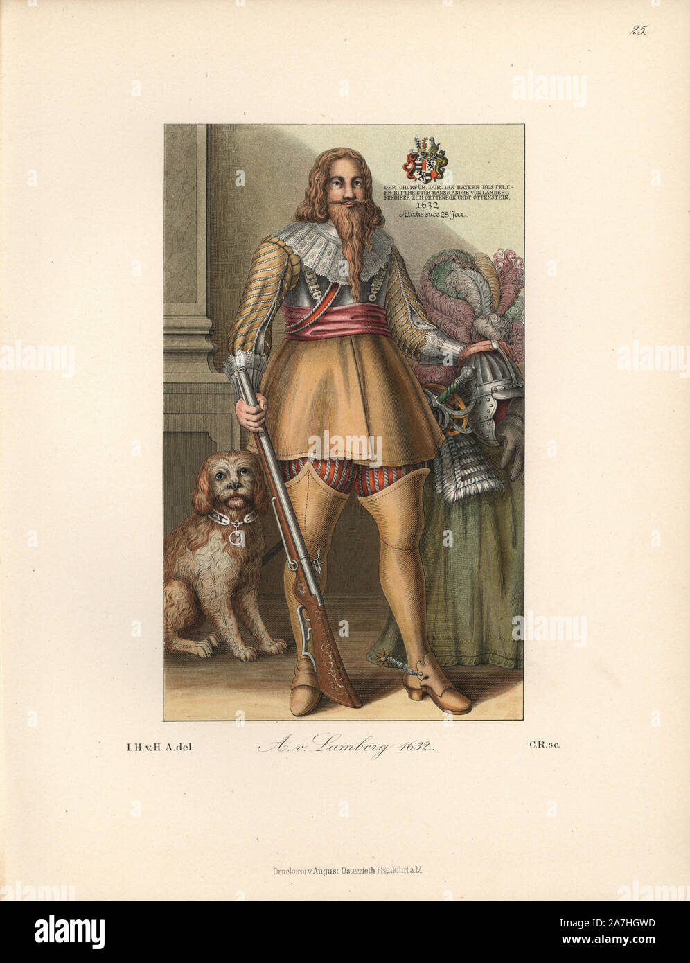 Andreas von Lamberg, da un ritratto in oli 1632 nel castello di Heidelberg, con stemma, armatura e cane. Chromolithograph da Hefner-Alteneck 'costumi, opere d arte e di apparecchi dal Medioevo al XVII secolo", Francoforte, 1889. Illustrazione dal dottor Jakob Heinrich von Hefner-Alteneck, litografata da CR e pubblicato da Heinrich Keller. Il dott. Hefner-Alteneck (1811 - 1903) era un museo tedesco curatore, archeologo, storico dell'arte, illustratore e incisore. Foto Stock