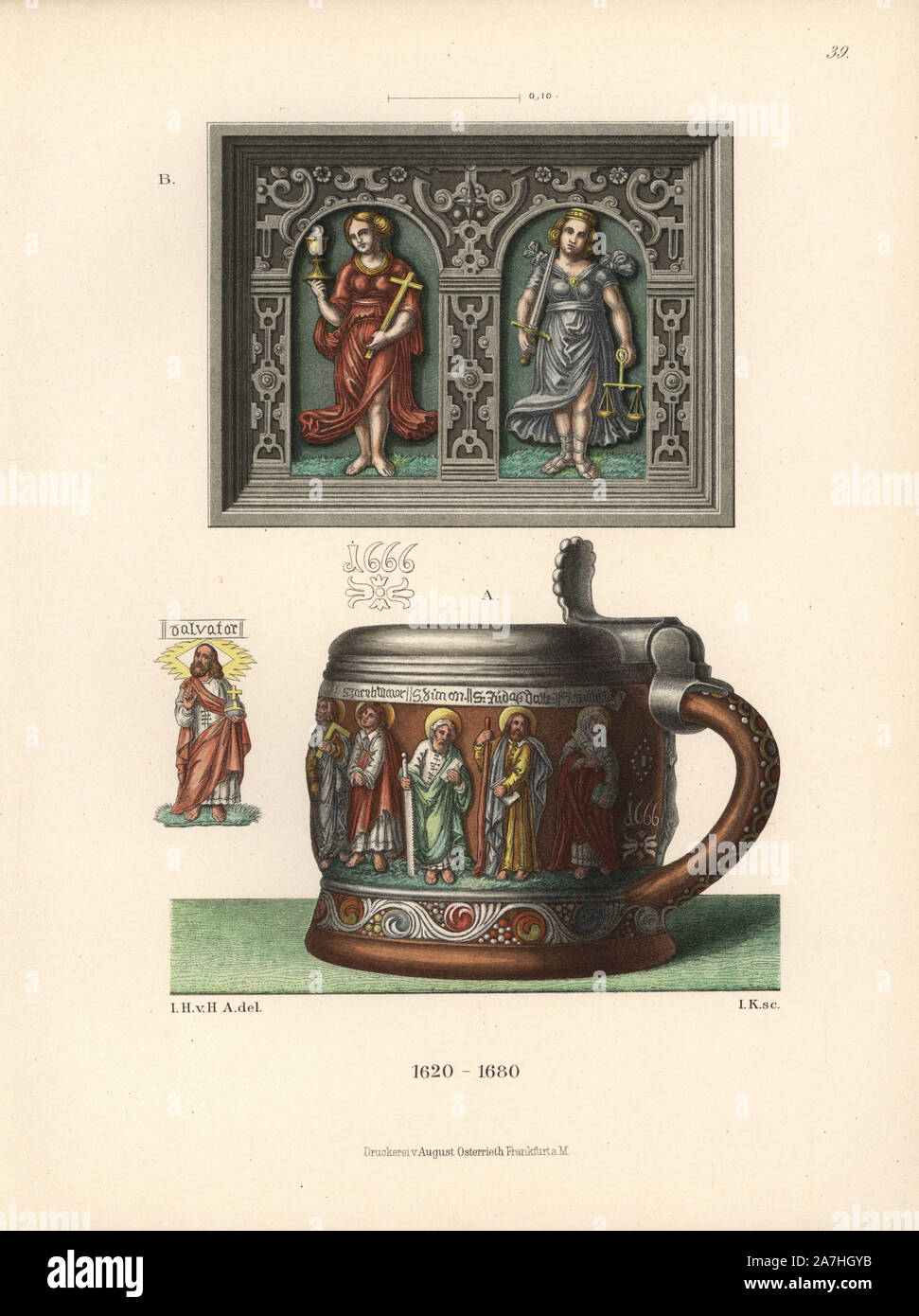 Pottery apostolo-il boccale e piastrelle con figure allegoriche della Fede e della giustizia dalla metà del XVII secolo. Chromolithograph da Hefner-Alteneck 'costumi, opere d arte e di apparecchi dal Medioevo al XVII secolo", Francoforte, 1889. Illustrazione dal dottor Jakob Heinrich von Hefner-Alteneck, litografata dallo Joh. Klipphahn e pubblicato da Heinrich Keller. Il dott. Hefner-Alteneck (1811 - 1903) era un tedesco curatore, archeologo, storico dell'arte, illustratore e incisore. Foto Stock