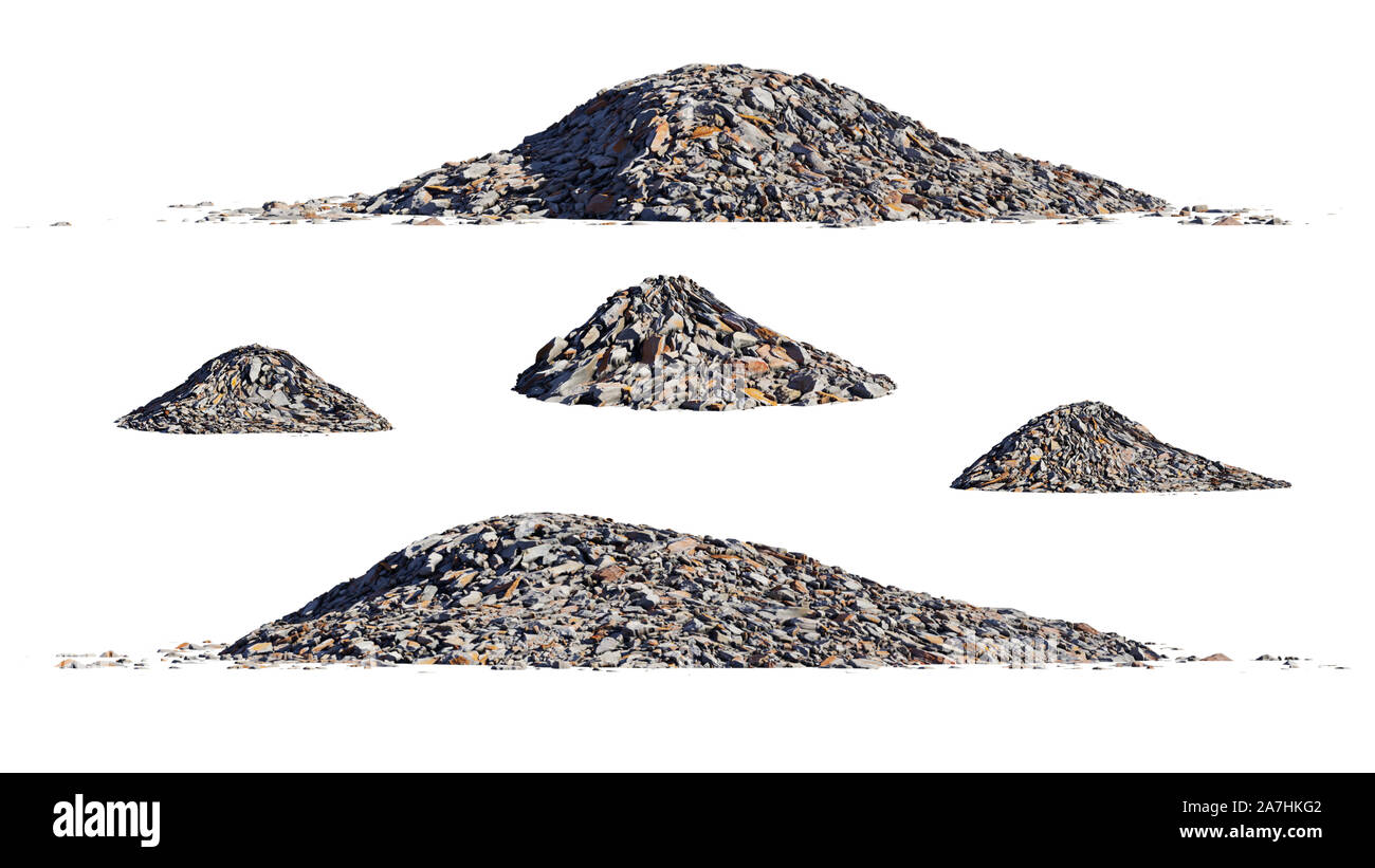 Cumuli di macerie, set di pile di detriti isolati su sfondo bianco Foto Stock