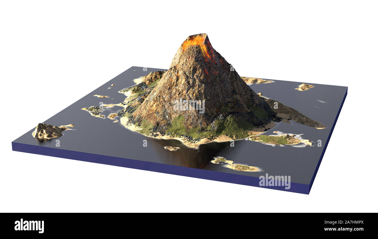 Vulcano erutta lava, sezione trasversale modello di un'isola con il vulcanismo isolati su sfondo bianco Foto Stock