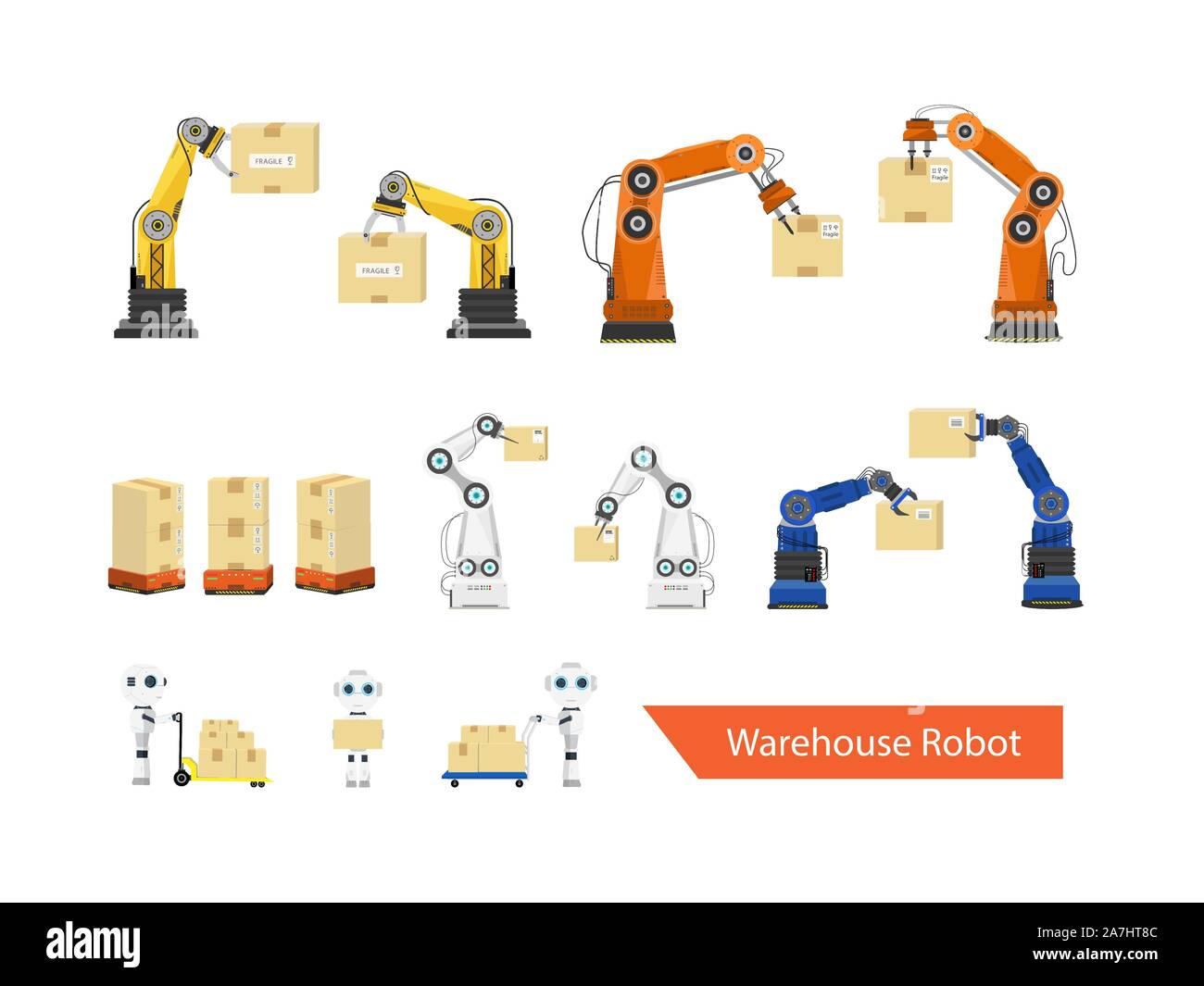 Serie di robot di magazzino isolato illustrazione vettoriale Illustrazione Vettoriale