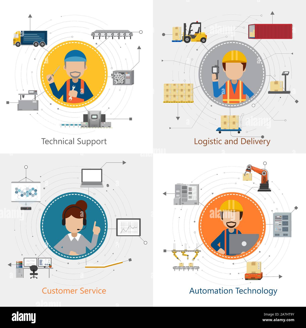 Quattro quadrati di reparto industriale con i lavoratori e le attrezzature design piatto illustrazione vettoriale Illustrazione Vettoriale