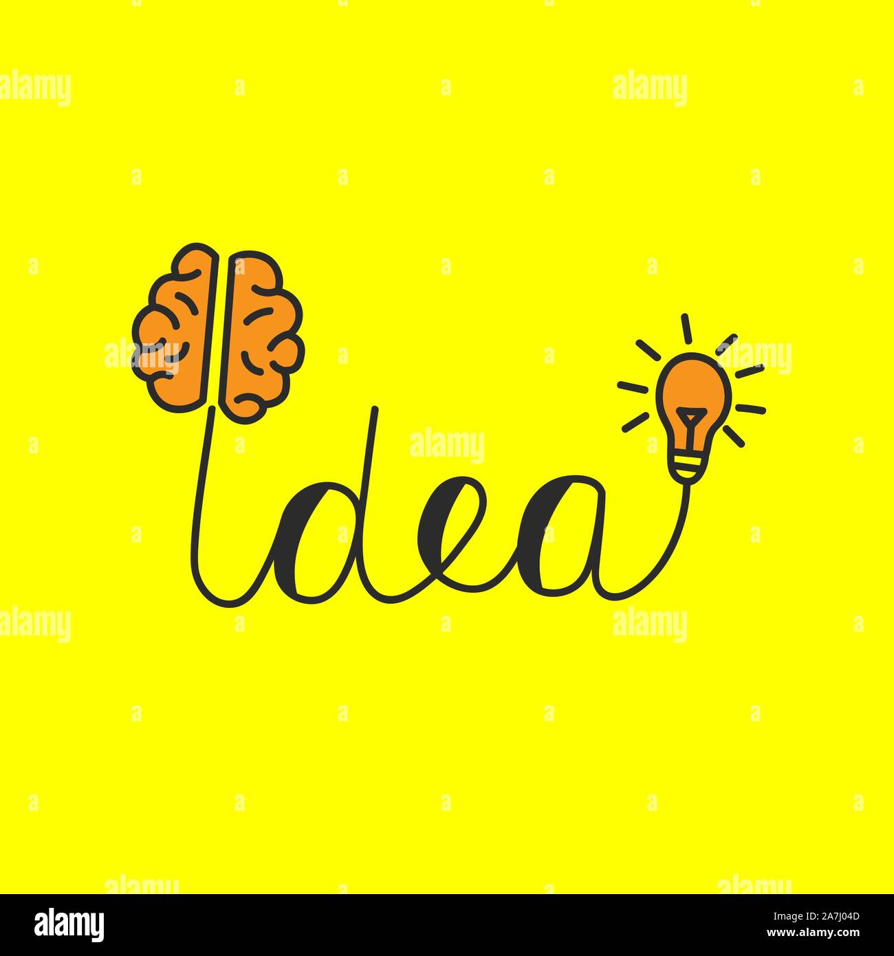 Idea concetto, schizzo di parola idea con lampada e cervello, vettore icona creative Illustrazione Vettoriale