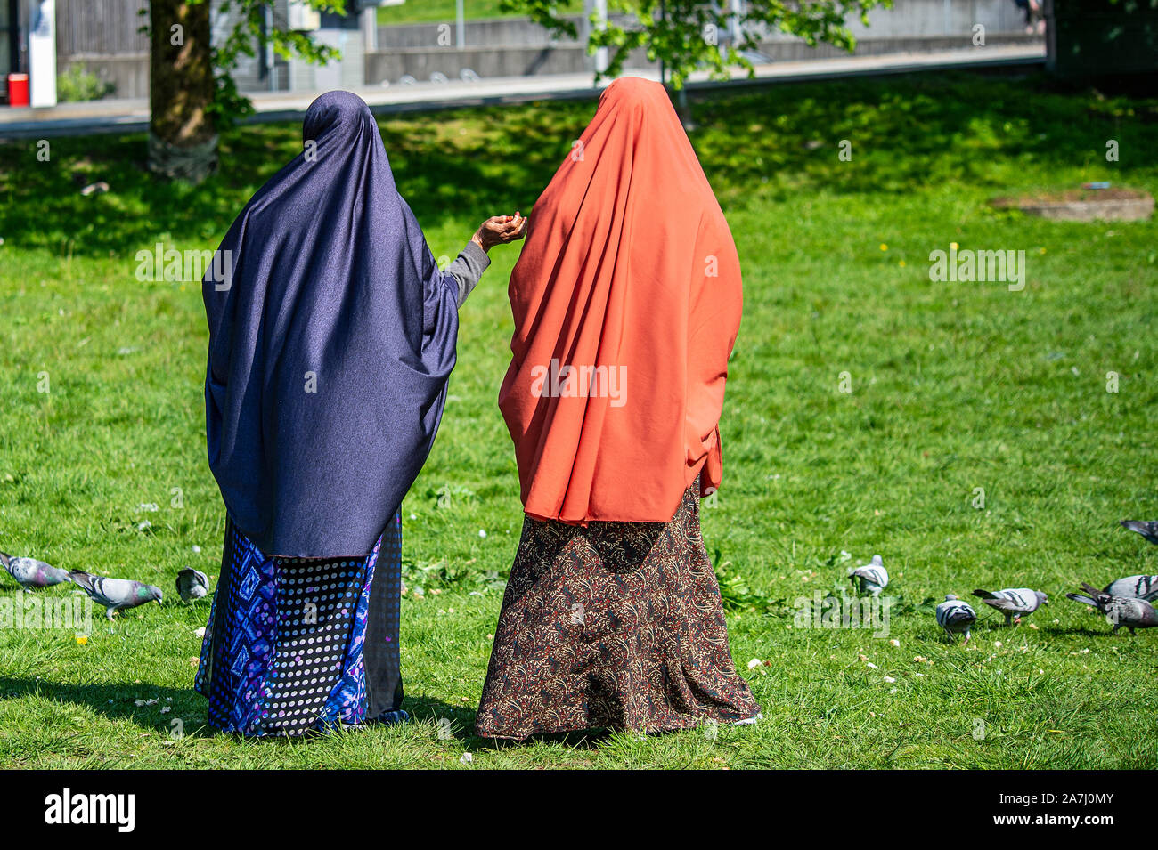 Le donne musulmane vestite di Chador alimentazione di uccelli. Foto Stock