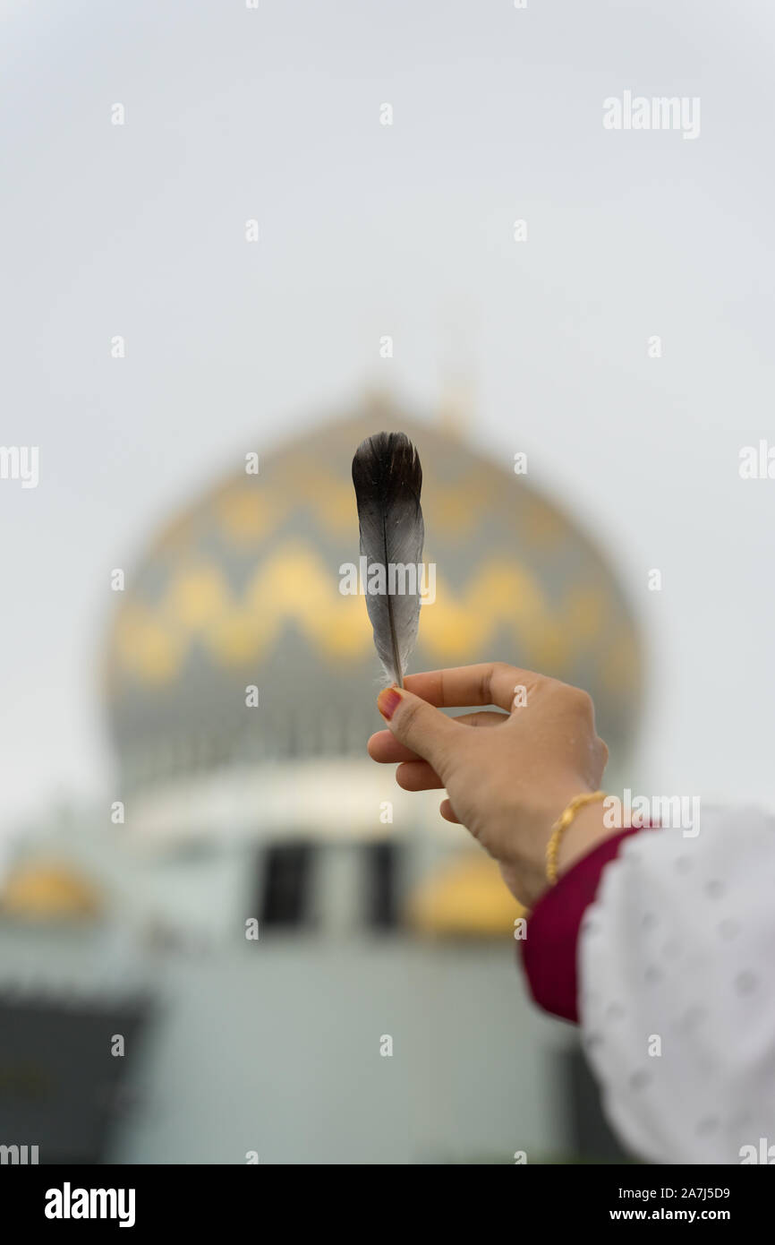 Una ragazza con un uccello giù con la moschea in background Foto Stock