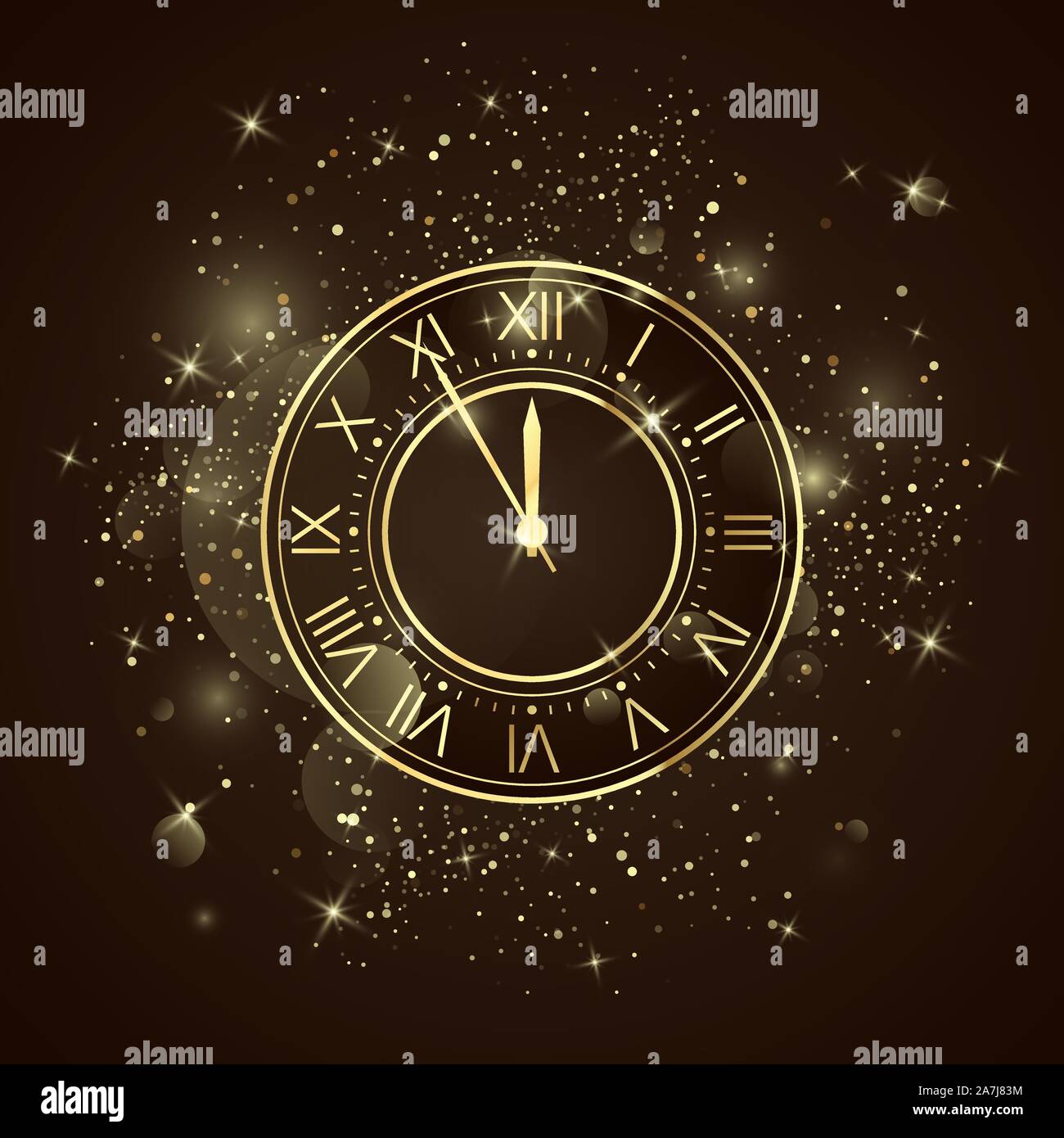 Golden quadrante di orologio con i numeri romani. A cinque minuti a dodici il conto alla rovescia per le vacanze. Notte di capodanno con brillantini e bagliori. Vettore Illustrazione Vettoriale