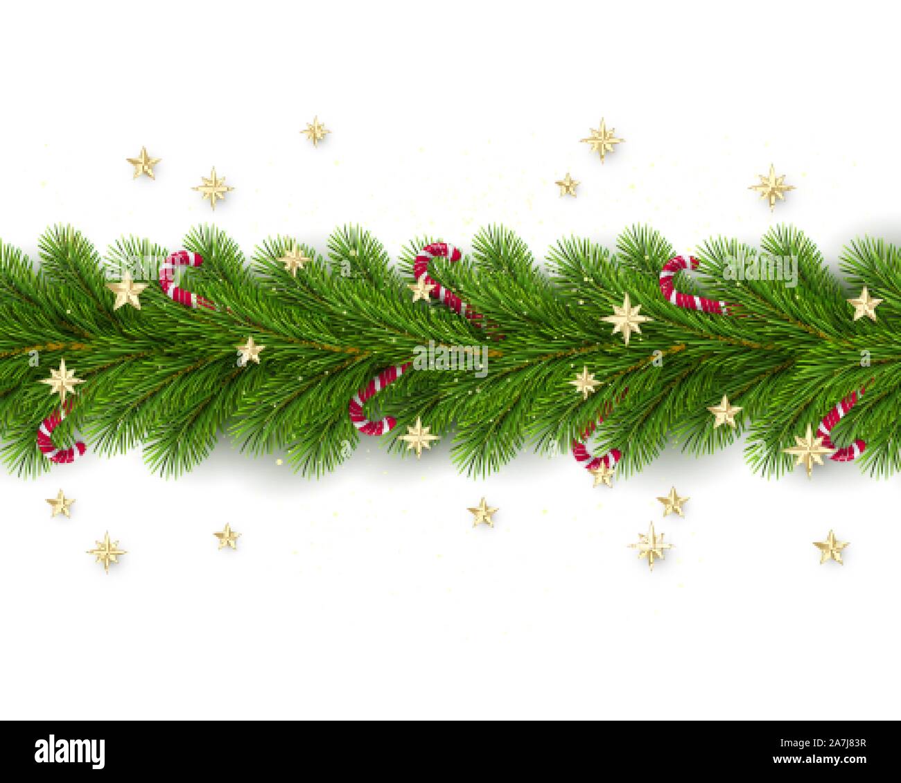 Buon Natale e Felice Anno Nuovo. Albero di Natale rami decorate con stelle dorate e canne di caramella. Vacanze elemento di decorazione su bianco Backgroun Illustrazione Vettoriale