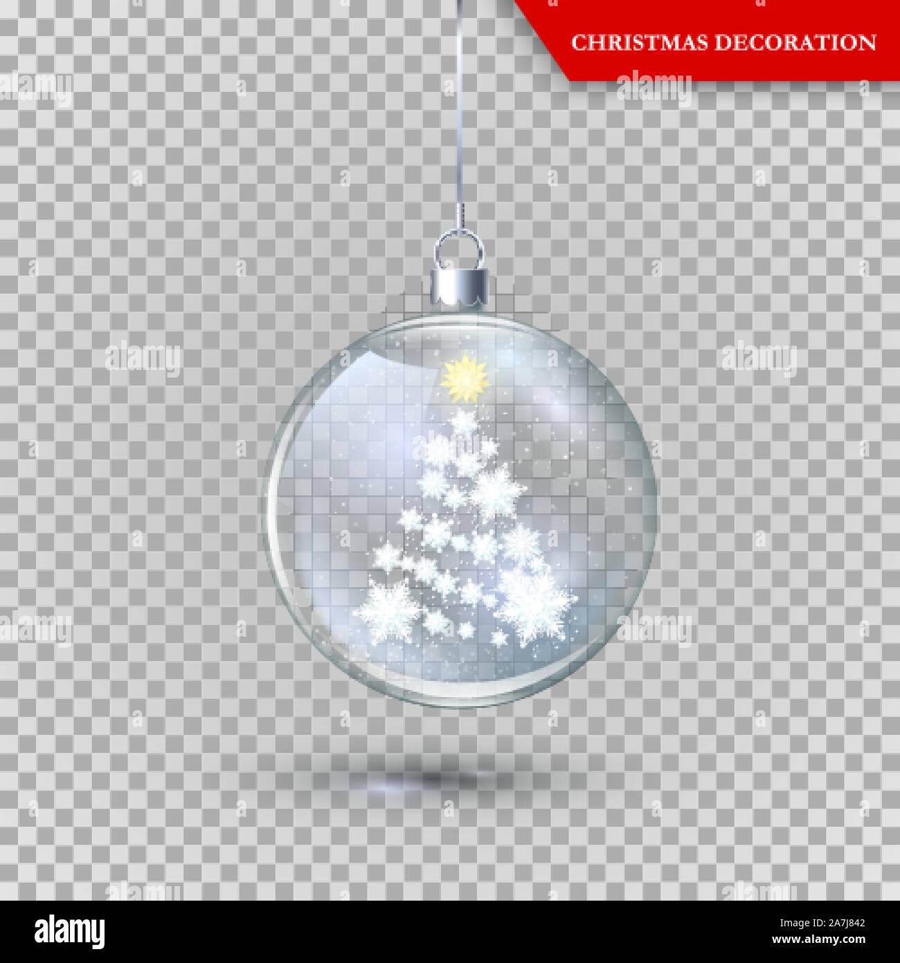 Trasparente come il vetro decorazione di Natale con il Nuovo Anno Albero Silhouette da fiocchi di neve di carta all'interno. Holiday elemento di decoro. Illustrazione Vettoriale Illustrazione Vettoriale