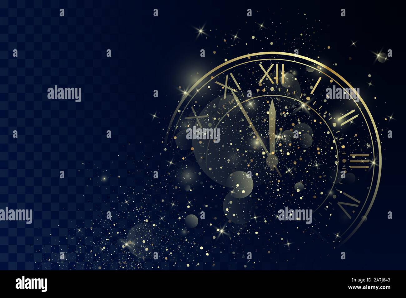 Golden quadrante di orologio con i numeri romani sulla magia di Natale Glitter sfondo. Anno nuovo conto alla rovescia e di suoni di avviso. Cinque minuti prima di dodici. Vettore Illustrazione Vettoriale