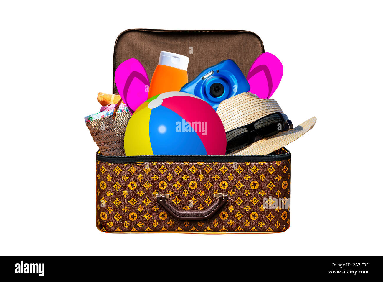 Pranzo vintage valigia piena di elementi per le vacanze estive viaggi, vacanze, viaggi e viaggio isolato su bianco Foto Stock