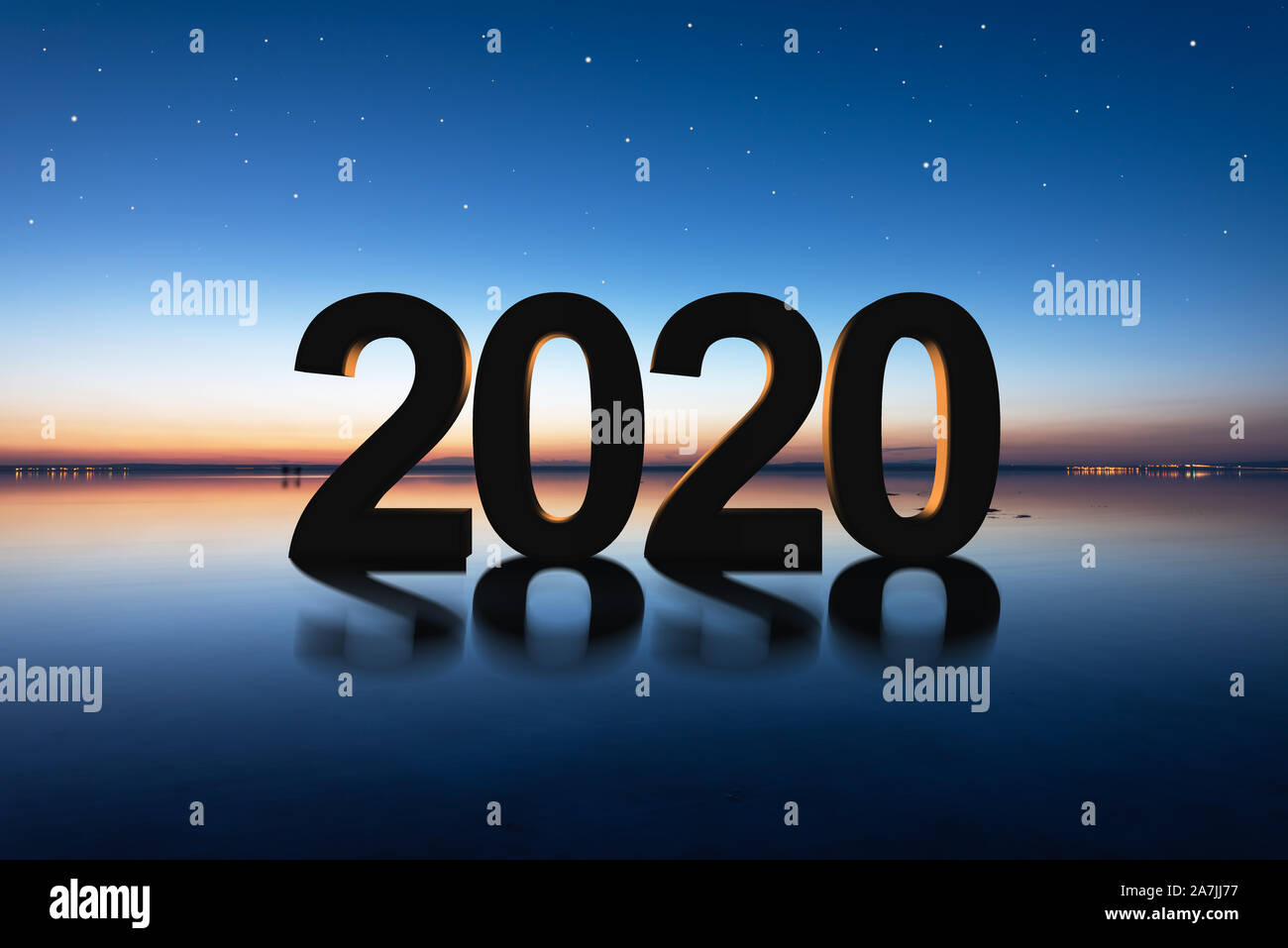 2020 Anno nuovo concetto con silhouette sul lago di sale contro il tramonto. Foto Stock
