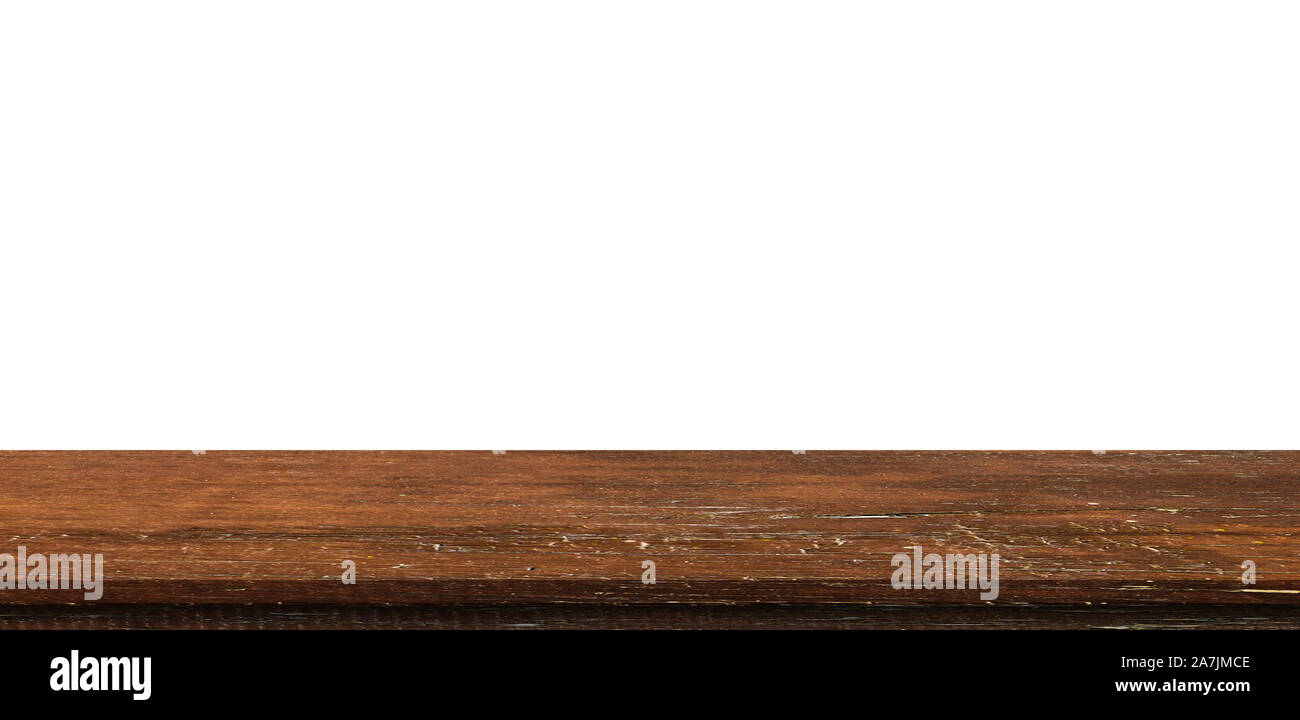 Svuotare tavolo in legno isolato su sfondo bianco e il display montage con copia spazio per prodotto. Foto Stock