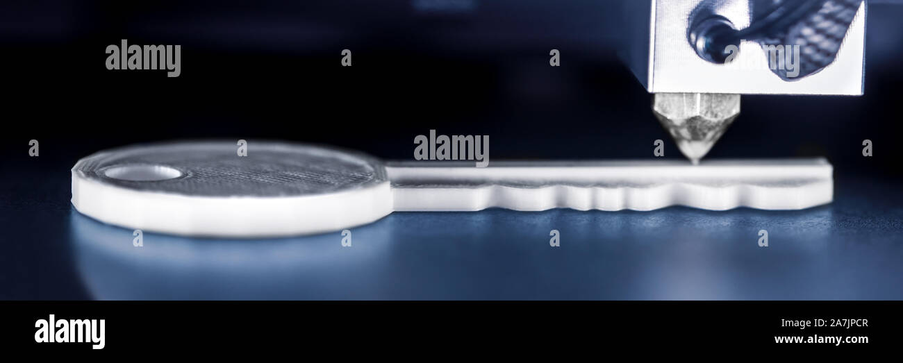 3D stampante stampa una chiave, concetti come ad esempio advanced fabbro o nuovo ladro e minaccia di furto Foto Stock