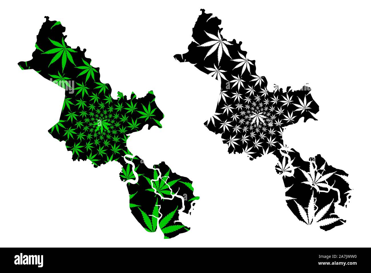 Ho Chi Minh City Provincia (Repubblica socialista del Vietnam, suddivisioni del Vietnam, comune) mappa è progettato Cannabis leaf verde e nero, Saigon Illustrazione Vettoriale